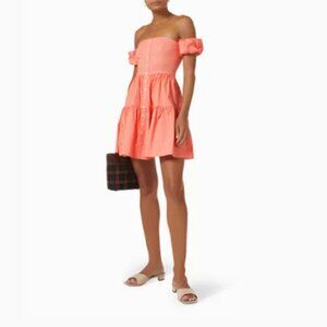 Staud Elio Off Shoulder Mini Dress Cotton Poplin in Grapefruit